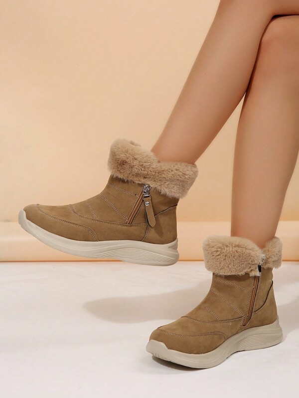1 paire de bottes de neige rondes, confortables et décontractées pour femmes, avec boucle, zip latéral, semelle antidérapante, talon bas, en tissu imperméable. Bottes courtes polyvalentes à porter avec des doudounes, des robes, en hiver. Couleur: marron