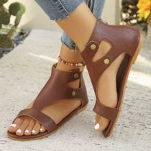 New Fashion Soft Bottom Comfortable Casual Rivet Zipper Back Women Flat Brown Sandals