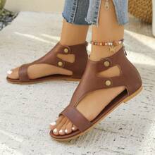 New Fashion Soft Bottom Comfortable Casual Rivet Zipper Back Women Flat Brown Sandals
