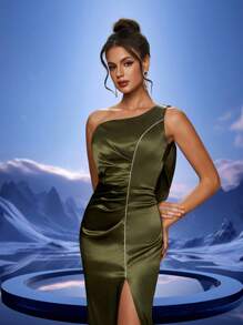 One Shoulder Solid Color Side Pleat High Waist Mermaid Bridesmaid Dress - Olive Green - View 8