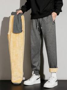 Men's Autumn And Winter Plush Thickened Solid Color Loose Sweatpants With Pockets And Drawstrings, Suitable For Fitness Sports, Outdoor Activities