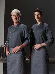 高端定制长袖厨师服，透气，男士舒适。双滚边设计，适用于餐饮、面包店、酒店厨房、餐厅、自助餐厅、西餐厅，秋冬春季长袖厨师制服，黑色和灰色可选，加大码 - 灰色 - 查看 4