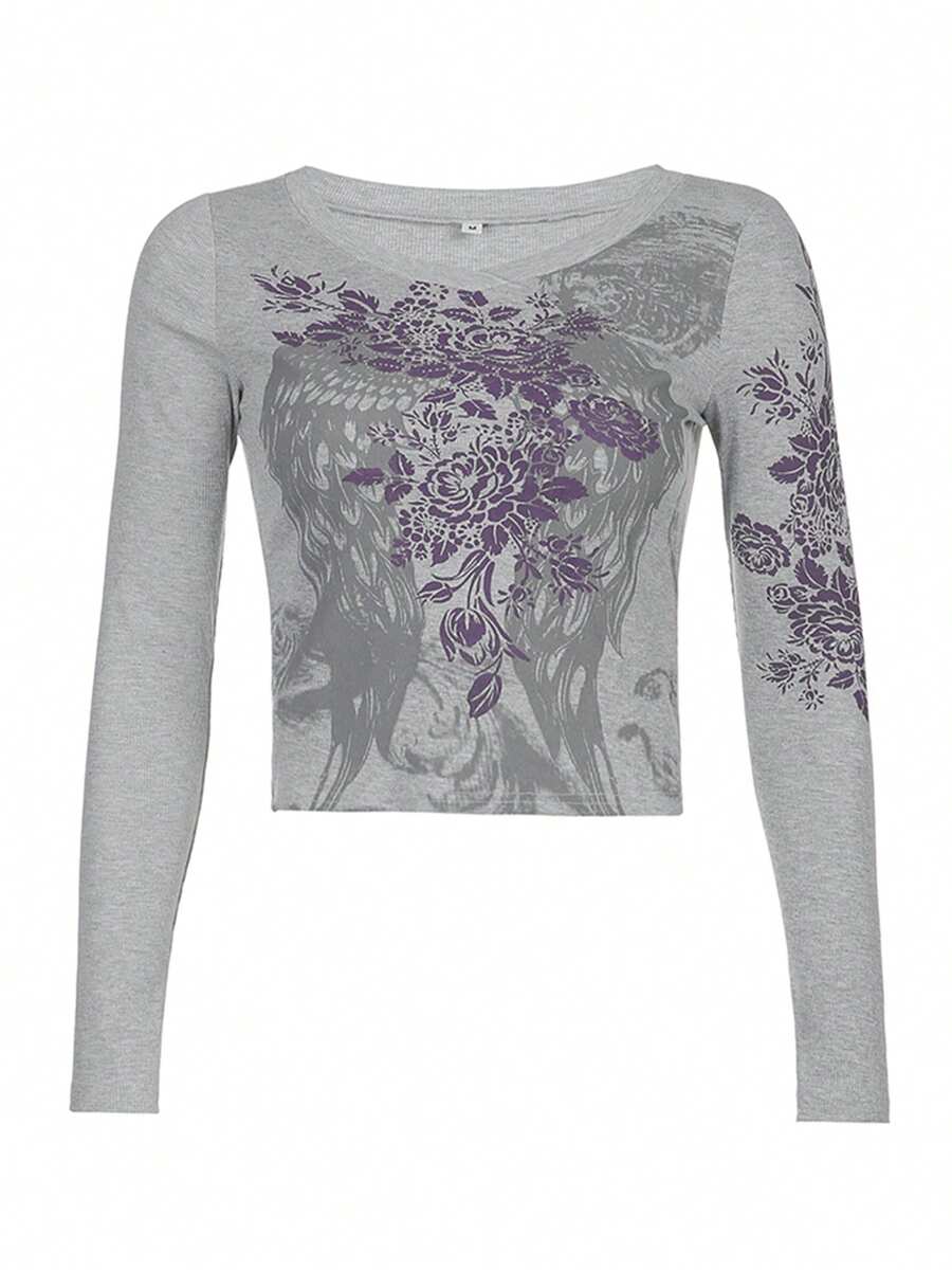 Women Casual Vintage Floral Print Crop Top Long Sleeve Y2k Tshirt Slim Fit Blouse Tee 90s E-Girl Streetwear - Grey - View 1