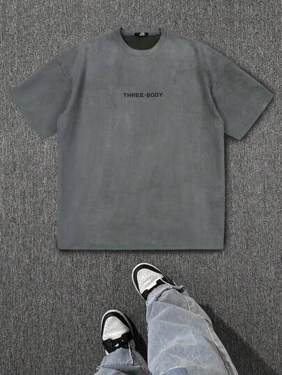 Men's Summer Letter Printed Vintage Short Sleeve Tee Dropped Shoulder Casual Round Neck Casual Loose T-Shirt, For Daily Wear Commute, Boyfriend Gift, For Going Out, For Fall