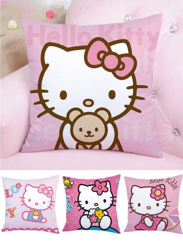 Sanrio 1 Stück Kissen-Bezug mit Hallo Kitty Cartoon Figur, Kitty Muster, Sofakissen, beidseitig Muster, Deko-Kissen für Zuhause, rosa