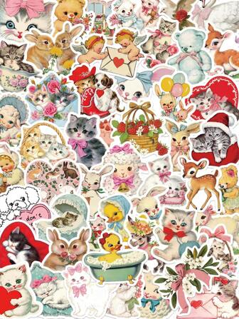 50PCS Retro Watercolor Fairy Tale Style Animal Art Sticker Waterproof PVC Rabbit Cat Duck Deer Lamb Swan Cute Fun Personalized Collection Decoration Scrapbook Book Luggage Guitar Water Cup Phone Case Laptop Decal Back To School