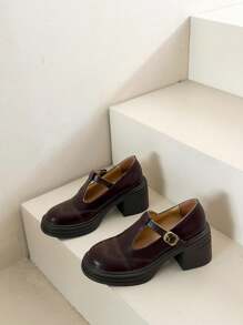 全新 4 季厚底玛丽珍鞋，带金属扣、刺绣和镂空设计，增高、防水、学生休闲/工作鞋 - 棕色 - 查看 4