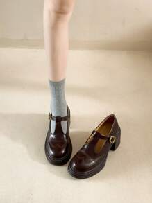 全新 4 季厚底玛丽珍鞋，带金属扣、刺绣和镂空设计，增高、防水、学生休闲/工作鞋 - 棕色 - 查看 5