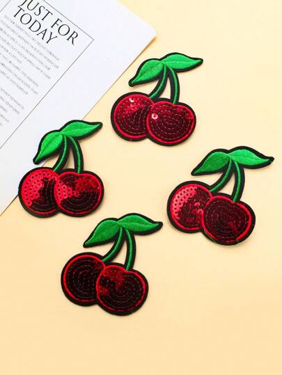 4pcs Cherry Sequin Pattern Embroidered Cloth Patches, Cartoon Style Embroidered Sew-On Appliques For DIY Clothing, Shoes, Bags, Etc.