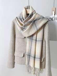 1pc Warm & Comfortable Plaid Tassel Scarf/Shawl, Suitable For Autumn/Winter