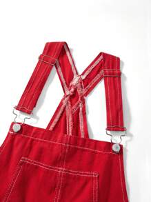 Women Summer Denim Bib Overalls Jumpsuits Adjustable Straps Romper With Pocket Casual Rolled Cuff Shortalls Streetwear - Red - View 6
