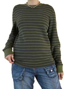 Women's Round Neck Loose Knitwear, Stripe Print Knitting Ribbed Long Sleeve Sweater For Spring Autumn - Green - View 3
