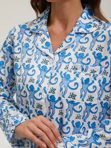 2pcs/Set Women Monkey Print Elastic Casual Long Sleeve Button Front Top & Long Pants Pajama Set - Blue - View 7