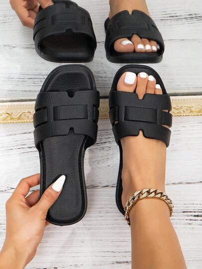 女士时尚纯色拖鞋，EVA塑料材质，轻便平底套脚夏季沙滩凉鞋，舒适度假拖鞋