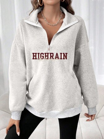 大码女式字母印花半拉链休闲长袖运动衫