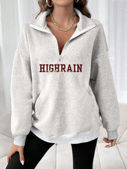 大码女式字母印花半拉链休闲长袖运动衫