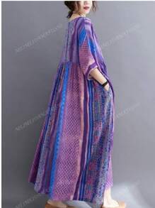 Plus Size Light Dress,2025 Summer Elegant Women's Dress, Plus-Size Women's Dress, Traditional Dress, Purple Striped Print Sleeved Round Neck Swing Dress, Summer Casual Holiday Style Everyday Wear,