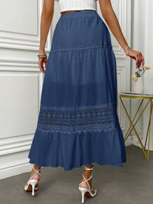 Fresh Viscose Skirt With Em Lese Details - Blue - View 5