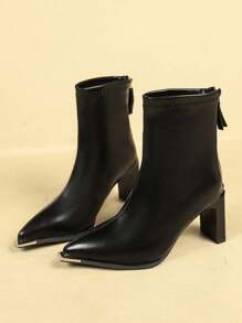 Women's French Pointed Toe Thick Heel Ankle Boots, British Style, Slimming High Heel PU Leather Ankle Boots For Winter - Black - View 3