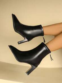 Women's French Pointed Toe Thick Heel Ankle Boots, British Style, Slimming High Heel PU Leather Ankle Boots For Winter - Black - View 2