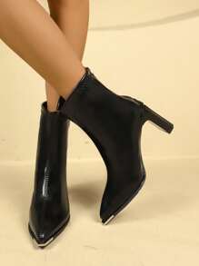 Women's French Pointed Toe Thick Heel Ankle Boots, British Style, Slimming High Heel PU Leather Ankle Boots For Winter - Black - View 5