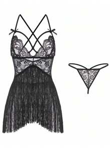 1Set Sexy Contrast Lace Lingerie Set With Deep V Tassel Slip Dress And Thong For Women, Rave, Baddie Look