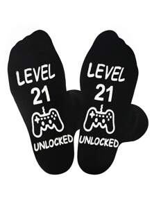 1 Pair Of Boy's Socks,LEVEL 21 UNLOCKED,Slip Resistant Socks, Fun Gift Socks - Black - View 2
