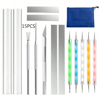 15 piezas Juego de herramientas para escultura de cerámica - Cuchillo de talla, 7 costillas de detalle, herramienta de puntillismo, varilla de arcilla y acrílico DIY
