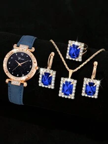5Pcs Women's Blue PU Leather Strap Fashion Casual Simple Scale Dial Quartz Watch Necklace Earrings Ring Jewelry Set For Daily Wearing Or Gift Giving