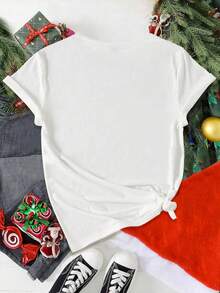 Camiseta Casual de Manga Corta con Cuello Redondo y Estampado de Año Nuevo 2025 para Mujer - Blanco - Ver 2