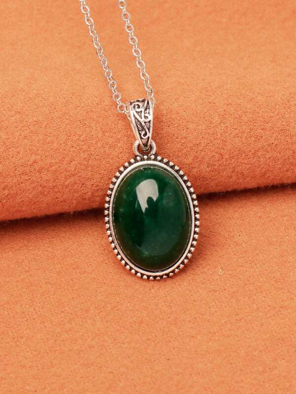 1pc Silver-Plated Oval Faux Gemstone Pendant Necklace For Women