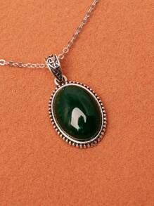 1pc Silver-Plated Oval Faux Gemstone Pendant Necklace For Women
