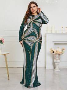 Robe de soirée longue à manches longues et à paillettes verte grande taille (motif floral aléatoire, non alignée devant et derrière) - Vert - Voir 2