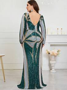 Robe de soirée longue à manches longues et à paillettes verte grande taille (motif floral aléatoire, non alignée devant et derrière) - Vert - Voir 6