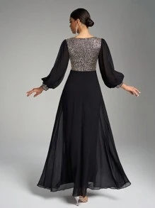 SUPGIR 圆领灯笼袖亮片拼布雪纺荷叶边优雅连衣裙，黑色长袖正式晚礼服，适合婚礼嘉宾、毕业典礼、晚宴派对礼服 - 黑色 - 查看 3