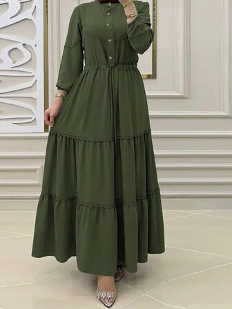 Women's Plain Color Front Button Long Sleeve Pleated Minimalist Arabian Dress,Modest