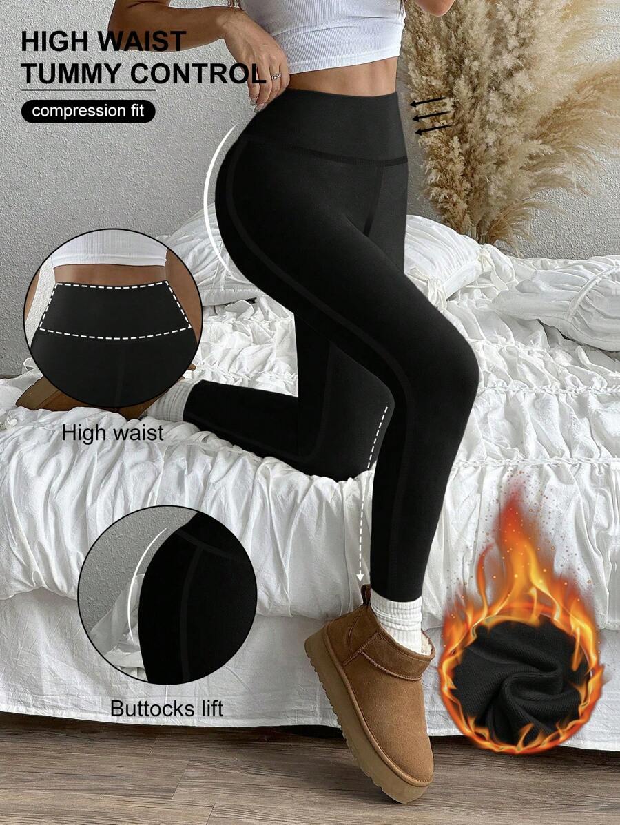 Solid Color Long Knit Fabric Casual Sports Seamless Women's Leggings, High Stretch Fitness Tights, Yoga Pants, Suitable For Halloween, Thanksgiving, Day Of The Dead, Christmas Eve, Christmas, Boxing Day - Black - View 1