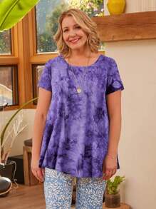 Casual Women's Plus Size Round Neck Short Sleeve Tunics - Summer Clothes For Leggings - Flower Purple - View 4