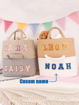 1pc Personalized Name Woven Basket Organizer, Customizable Letter Design, Portable, Suitable For Beach, Living Room, Bathroom, Diaper Basket, Keys, Phone, Coin Storage, Box Storage, Organization, Christmas Storage Basket, Christmas Bucket, Hamper Gift Box, Christmas Decoration, Basket, Gift Basket Organizer, Big Box Organizer, Large Organizer, Cute Gift Basket, Burr Basket Ideas, Desktop Bin