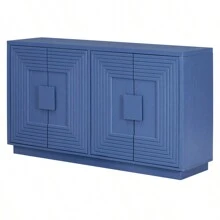 TREXM Vintage Distressed 4-Door Sideboard With Adjustable Shelves And Geometric Pattern For Dining Room Kitchen And Living Room Navy Blue - Navy Blue + Solid Wood+MDF as Pic - View 10