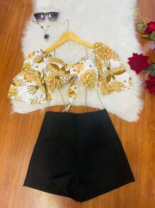 HONGDA VARIETIES One Size Shirt Set That Ties At The Back With Elastane And Print, Shorts With Zipper And No Pocket - 黑色 - 查看 3