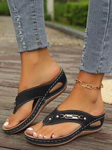 Women's Metallic Buckle Platform Wedge Slides, Non-Slip Beach Sandals For Comfort And Style - Black - View 12