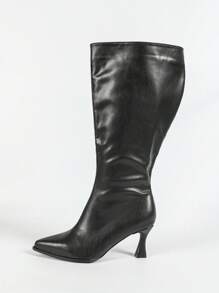 Women's Black Pointed Toe Extra Wide & Extra Large Thick Heel Over-The-Knee Boots, Autumn/Winter, Thermal Lined, Warm & Slimming, High Shaft Riding Boot