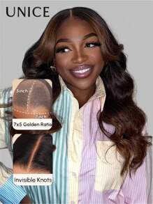 UNice 7x5 Bye Bye Knots Wig Glueless Lace Summer Roast Ombre Loose Wave Wig Black To Chestnut Brown Color Pre Cut Lace Closure Glueless Human Hair Put On And Go Wig With Bleached Knots 150% Density - Màu hợp thời trang - Xem 2