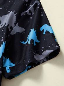 Young Boy Children Casual Short Sleeve & Shorts Set, Cartoon Dinosaur Neon Print Pattern, Breathable Summer - Multicolor - View 5