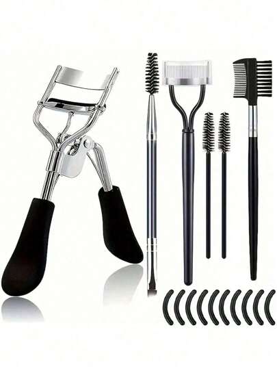 16件套不锈钢睫毛夹套装，包含1个睫毛夹、1个睫毛梳、2个睫毛卷、1个斜角双头眉刷、1个眉刷和10个硅胶替换垫，适用于睫毛和眉毛，可用于化妆，价格实惠，适合房间装饰、梳妆台、旅行、卧室等场合，是化妆配件、睫毛夹、圣诞礼物、化妆品、化妆工具、平价好物、礼物、女士礼物、圣诞礼物的理想之选。