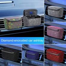 1pc Car Ashtray With Cover, Rhinestone Crystal Decor, Vehicle Air Vent Ashtray With Blue LED Light, Mini Car Trash Bin Smokeless Ashtray
