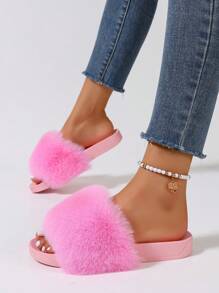 女士人造毛皮拖鞋，毛绒拖鞋，蓬松凉鞋，毛茸茸家居鞋，室内户外