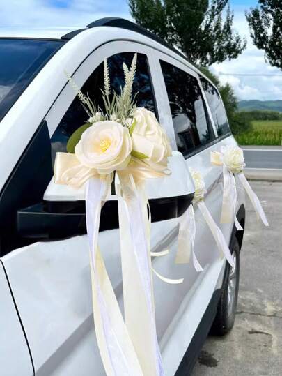 後視鏡花束贈禮帶輕奢裝飾，家居人工花卉裝飾，婚車新娘道具人工玫瑰花蔓，結婚禮堂椅飾套裝，花卉裝飾椅凳