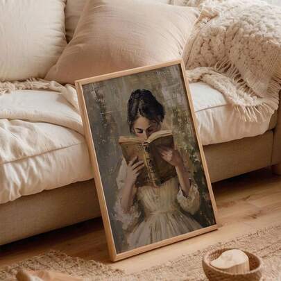 1pc Vintage Style Canvas Painting Of Woman Reading, Frameless, Subtle Academic Decor Painting, Victorian Style, Suitable For Reading Corner, Bedroom, Home Library
